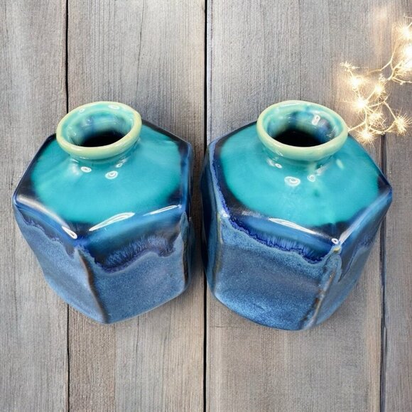 Kotobuki Peppercorn Hexagon Vase Set 2 Made in Japan W Tags Blue Green Glaze VTG - Picture 3 of 16